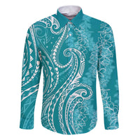 Polynesia Plumeria Lei Family Matching Puletasi and Hawaiian Shirt Teal Curves Motif LT7 Dad's Shirt - Long Sleeve Teal - Polynesian Pride