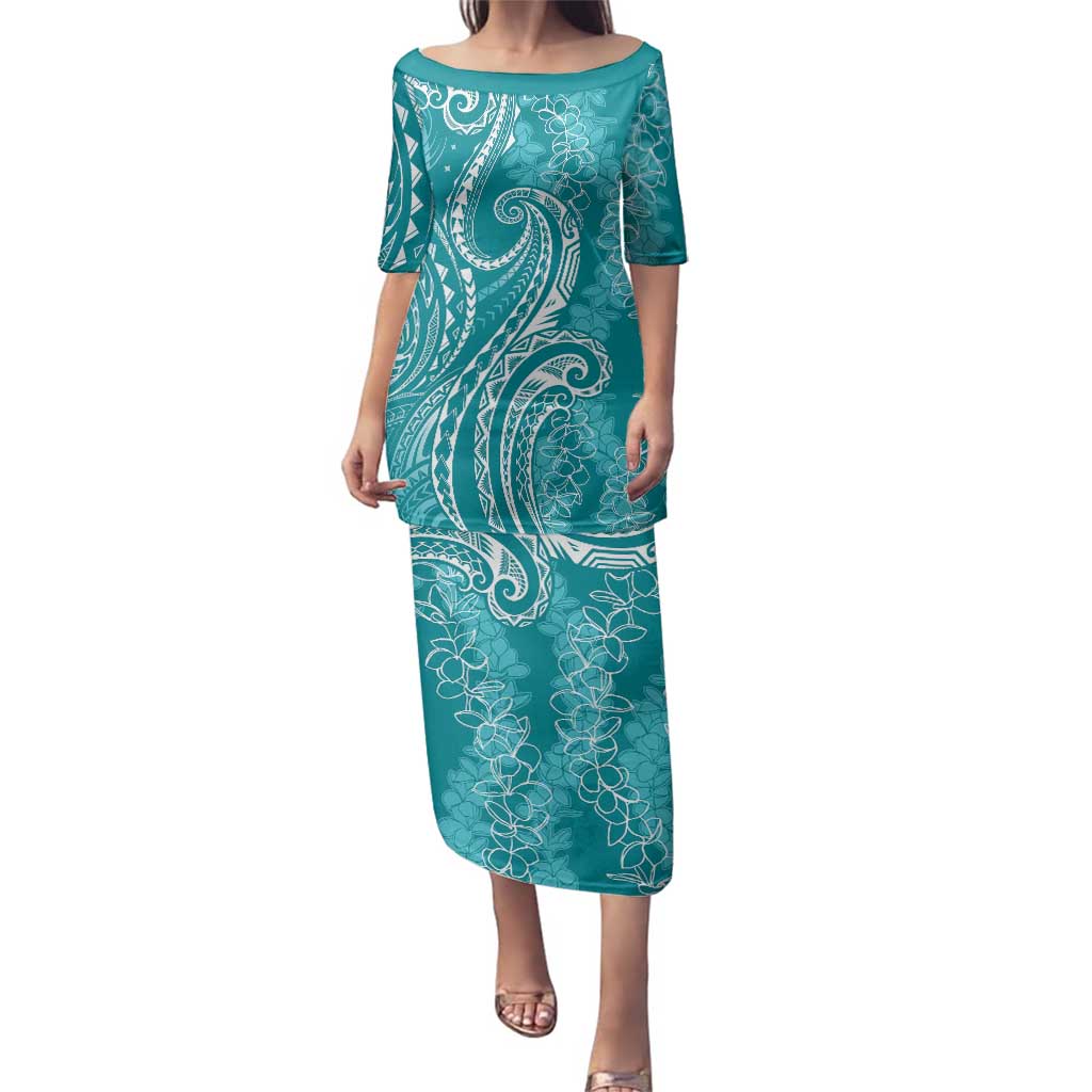Polynesia Plumeria Lei Family Matching Puletasi and Hawaiian Shirt Teal Curves Motif LT7 Mom's Dress Teal - Polynesian Pride