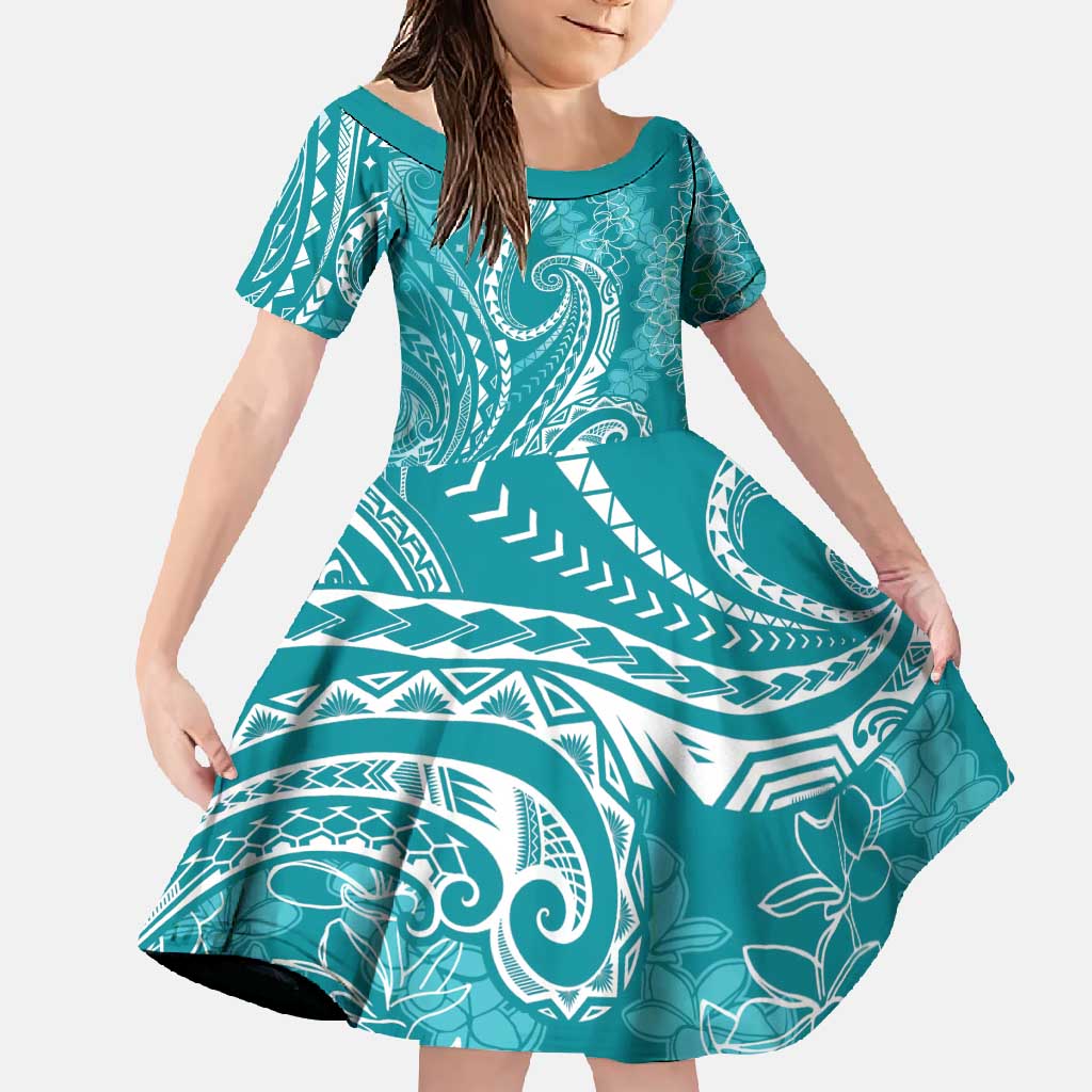 Polynesia Plumeria Lei Family Matching Summer Maxi Dress and Hawaiian Shirt Teal Curves Motif LT7 Daughter's Dress Teal - Polynesian Pride