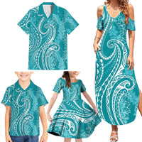 Polynesia Plumeria Lei Family Matching Summer Maxi Dress and Hawaiian Shirt Teal Curves Motif LT7 - Polynesian Pride