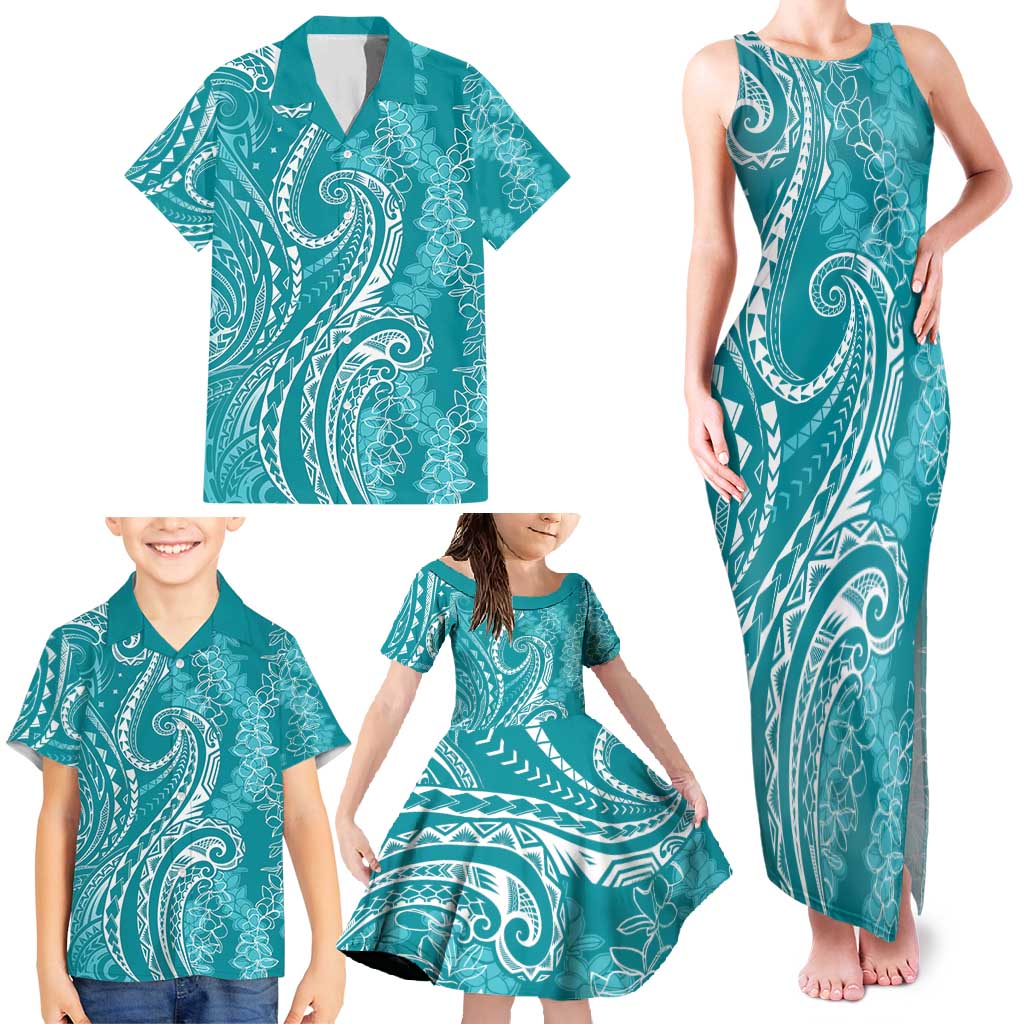 Polynesia Plumeria Lei Family Matching Tank Maxi Dress and Hawaiian Shirt Teal Curves Motif LT7 - Polynesian Pride