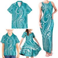 Polynesia Plumeria Lei Family Matching Tank Maxi Dress and Hawaiian Shirt Teal Curves Motif LT7 - Polynesian Pride