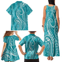 Polynesia Plumeria Lei Family Matching Tank Maxi Dress and Hawaiian Shirt Teal Curves Motif LT7 - Polynesian Pride