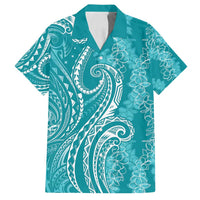 Polynesia Plumeria Lei Family Matching Tank Maxi Dress and Hawaiian Shirt Teal Curves Motif LT7 Dad's Shirt - Short Sleeve Teal - Polynesian Pride