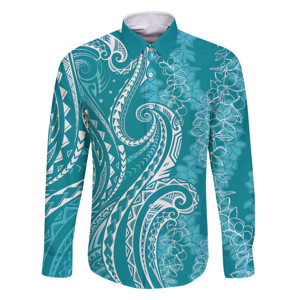 Polynesia Plumeria Lei Family Matching Tank Maxi Dress and Hawaiian Shirt Teal Curves Motif LT7 Dad's Shirt - Long Sleeve Teal - Polynesian Pride