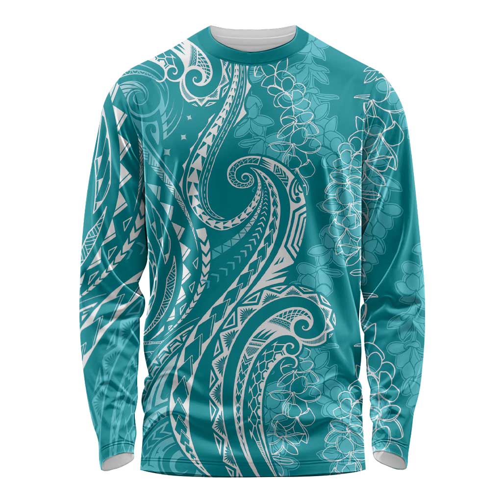 Polynesia Plumeria Lei Long Sleeve Shirt Teal Curves Motif