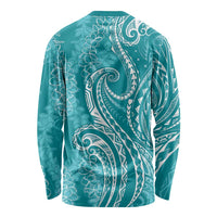 Polynesia Plumeria Lei Long Sleeve Shirt Teal Curves Motif