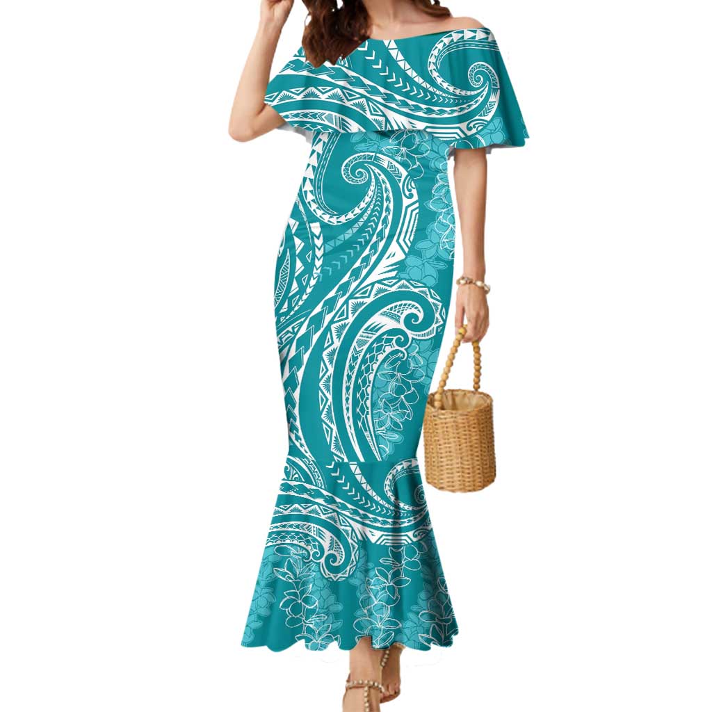 Polynesia Plumeria Lei Mermaid Dress Teal Curves Motif