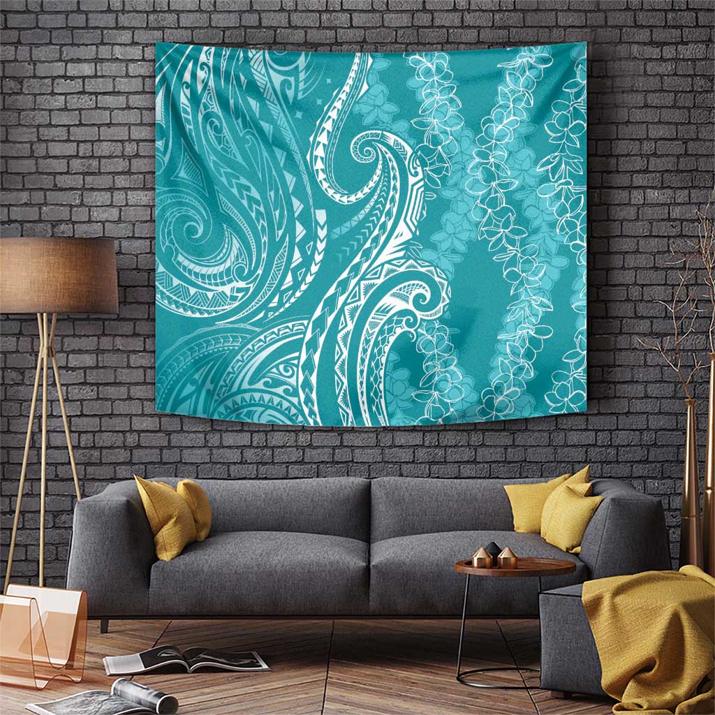 Polynesia Plumeria Lei Tapestry Teal Curves Motif