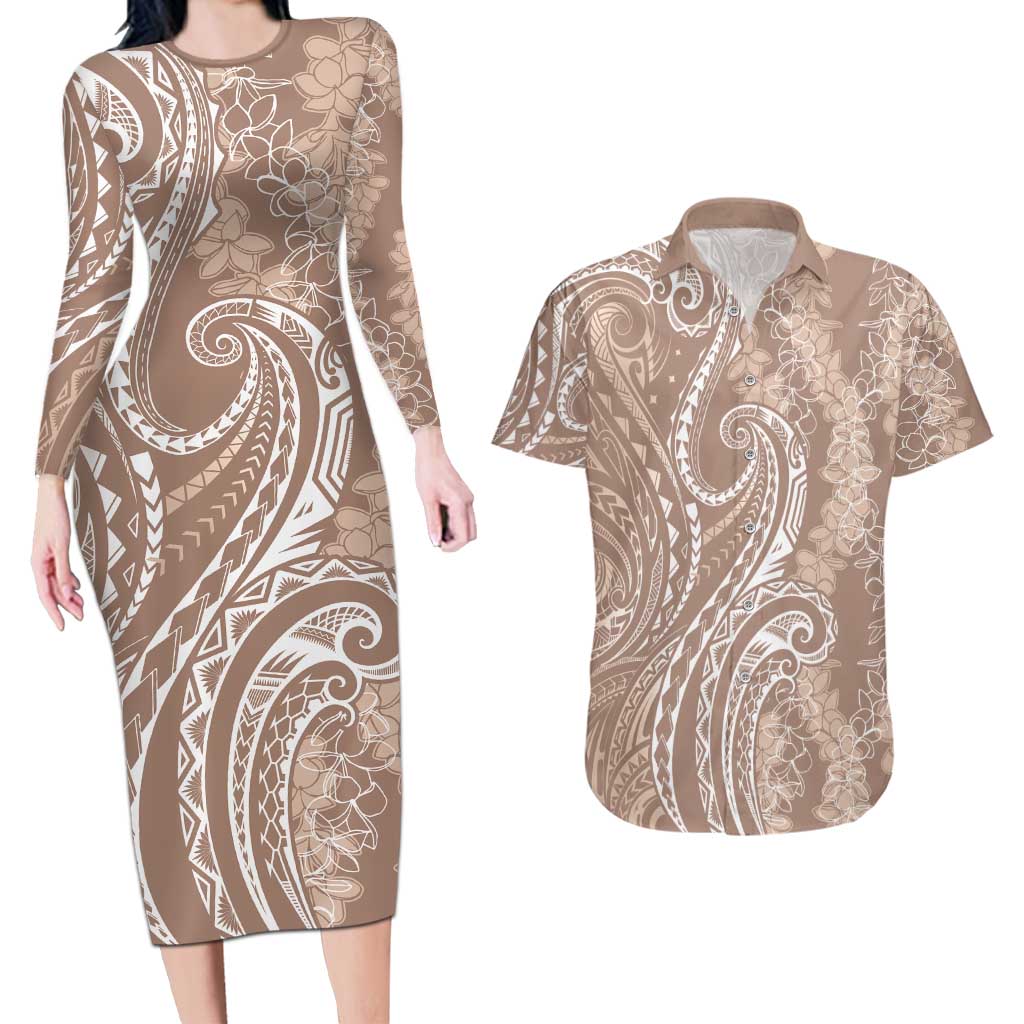 Polynesia Plumeria Lei Couples Matching Long Sleeve Bodycon Dress and Hawaiian Shirt Beige Curves Motif LT7 Beige - Polynesian Pride