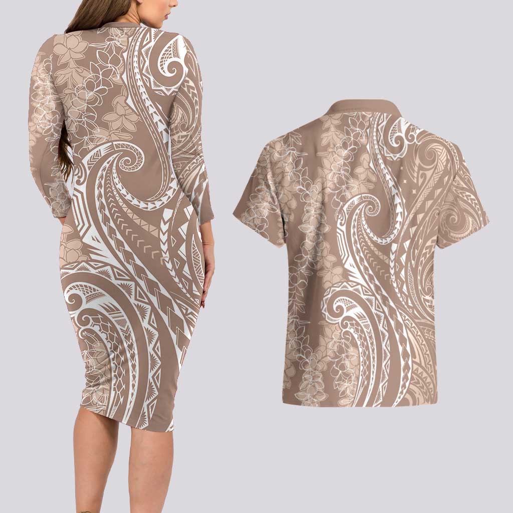 Polynesia Plumeria Lei Couples Matching Long Sleeve Bodycon Dress and Hawaiian Shirt Beige Curves Motif LT7 - Polynesian Pride