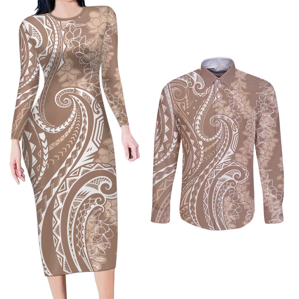 Polynesia Plumeria Lei Couples Matching Long Sleeve Bodycon Dress and Long Sleeve Button Shirt Beige Curves Motif LT7 Beige - Polynesian Pride