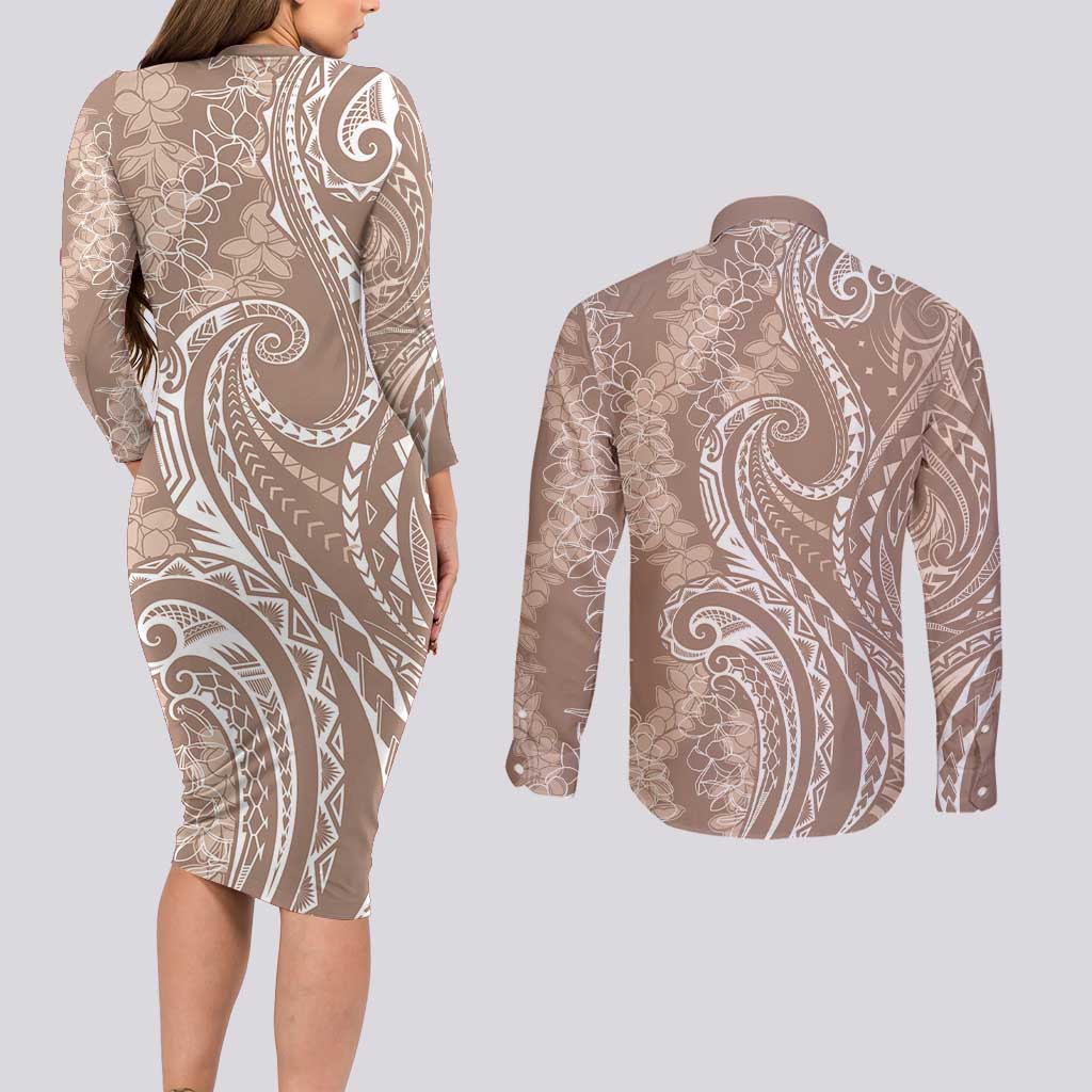 Polynesia Plumeria Lei Couples Matching Long Sleeve Bodycon Dress and Long Sleeve Button Shirt Beige Curves Motif LT7 - Polynesian Pride