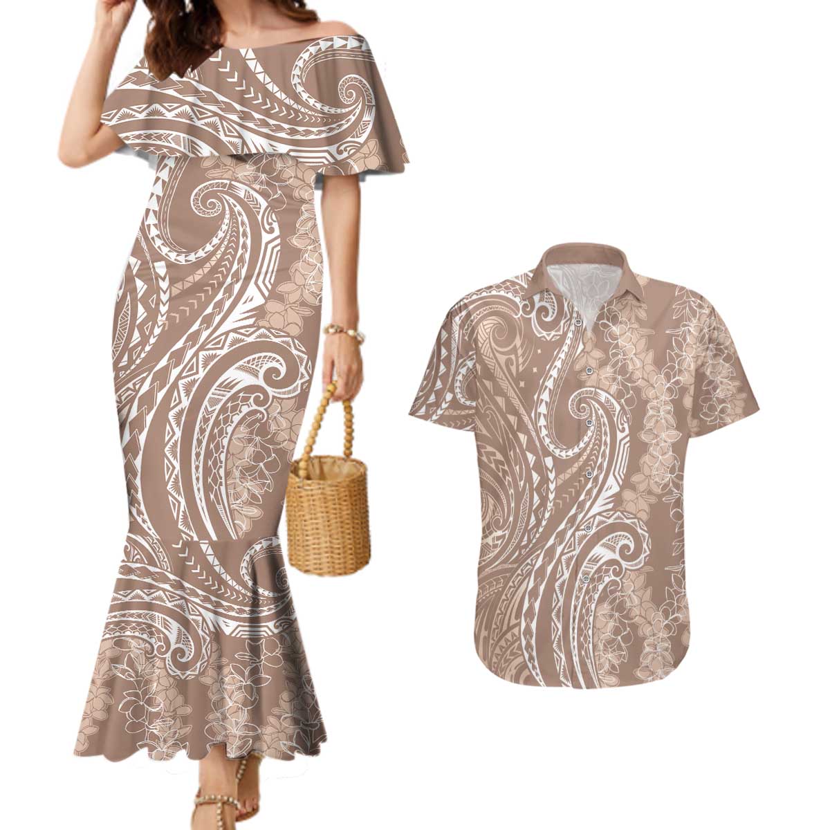 Polynesia Plumeria Lei Couples Matching Mermaid Dress and Hawaiian Shirt Beige Curves Motif LT7 Beige - Polynesian Pride