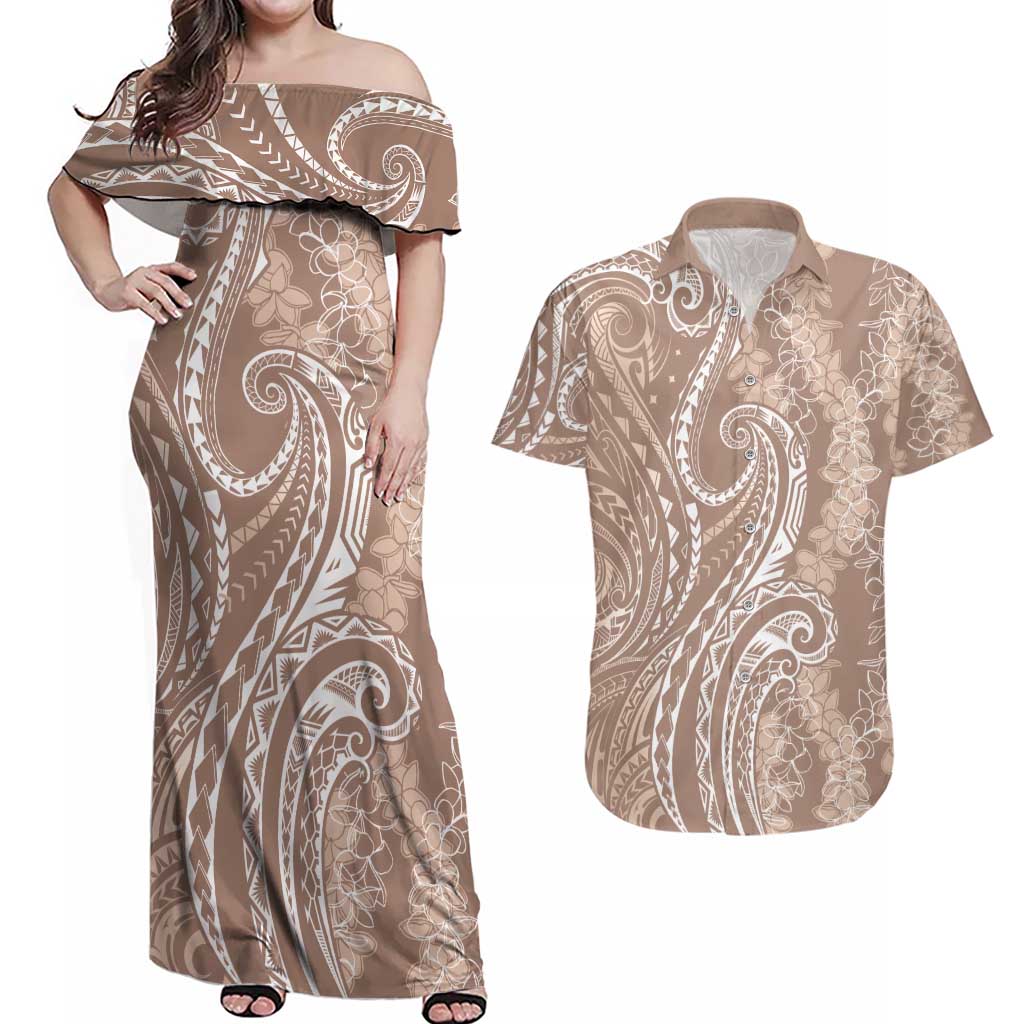 Polynesia Plumeria Lei Couples Matching Off Shoulder Maxi Dress and Hawaiian Shirt Beige Curves Motif LT7 Beige - Polynesian Pride