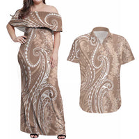 Polynesia Plumeria Lei Couples Matching Off Shoulder Maxi Dress and Hawaiian Shirt Beige Curves Motif LT7 Beige - Polynesian Pride