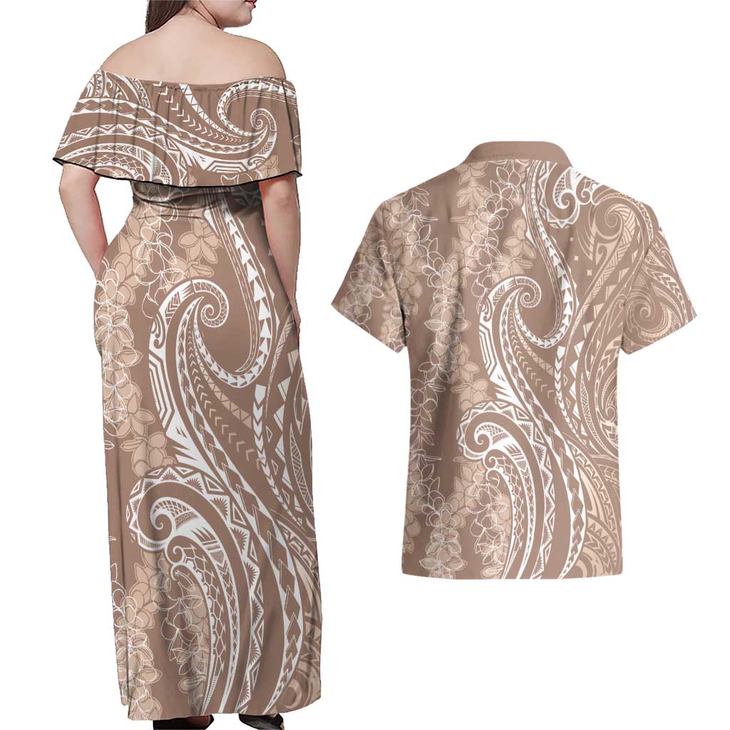 Polynesia Plumeria Lei Couples Matching Off Shoulder Maxi Dress and Hawaiian Shirt Beige Curves Motif LT7 - Polynesian Pride