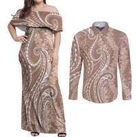 Polynesia Plumeria Lei Couples Matching Off Shoulder Maxi Dress and Long Sleeve Button Shirt Beige Curves Motif