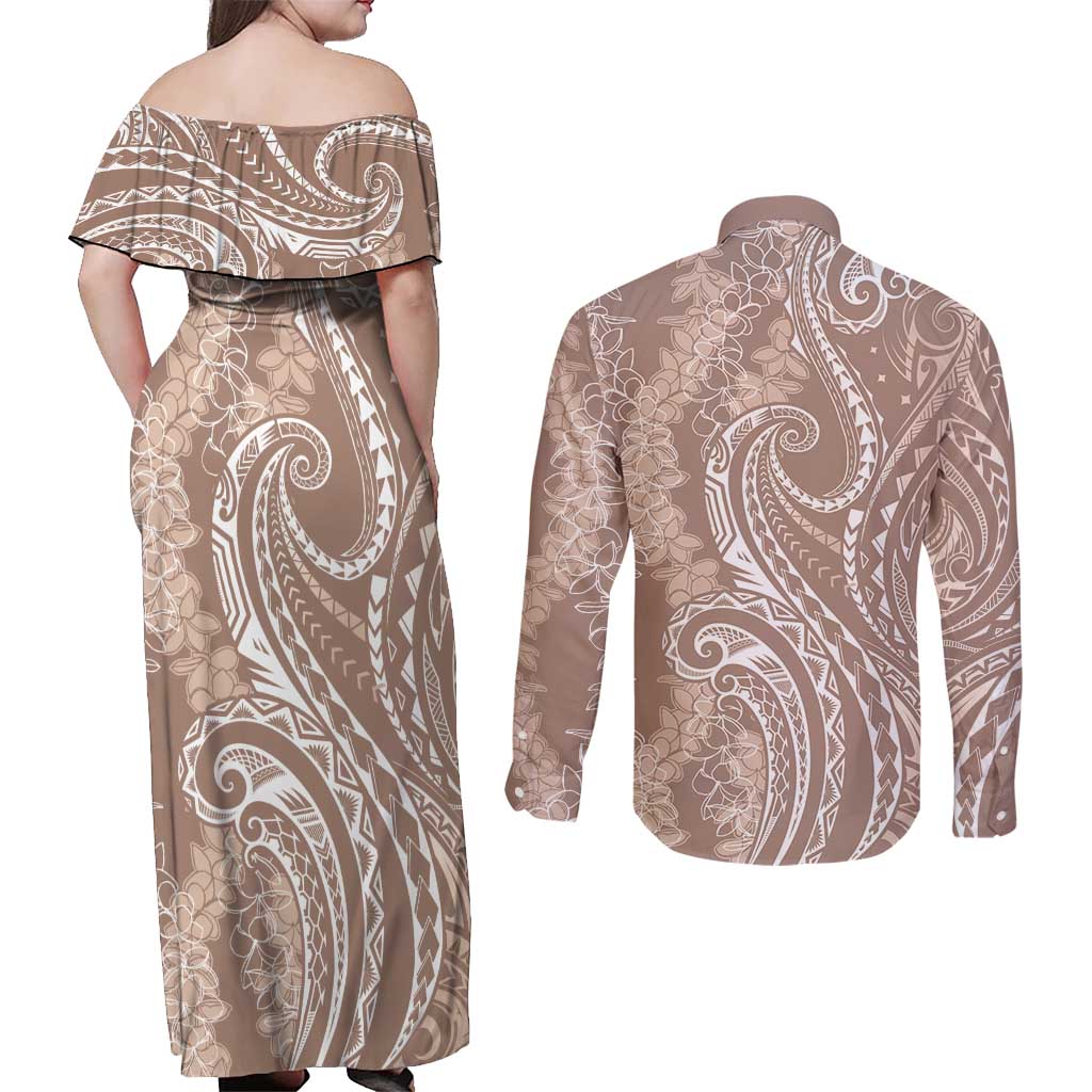 Polynesia Plumeria Lei Couples Matching Off Shoulder Maxi Dress and Long Sleeve Button Shirt Beige Curves Motif