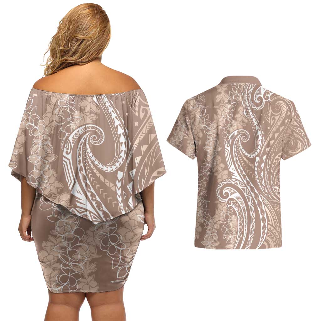 Polynesia Plumeria Lei Couples Matching Off Shoulder Short Dress and Hawaiian Shirt Beige Curves Motif LT7 - Polynesian Pride