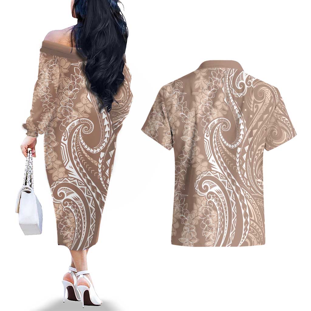 Polynesia Plumeria Lei Couples Matching Off The Shoulder Long Sleeve Dress and Hawaiian Shirt Beige Curves Motif LT7 - Polynesian Pride