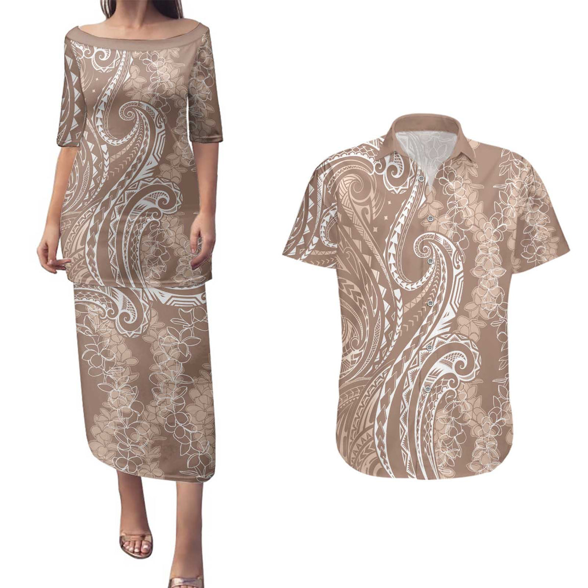 Polynesia Plumeria Lei Couples Matching Puletasi and Hawaiian Shirt Beige Curves Motif