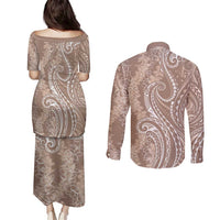 Polynesia Plumeria Lei Couples Matching Puletasi and Long Sleeve Button Shirt Beige Curves Motif LT7 - Polynesian Pride