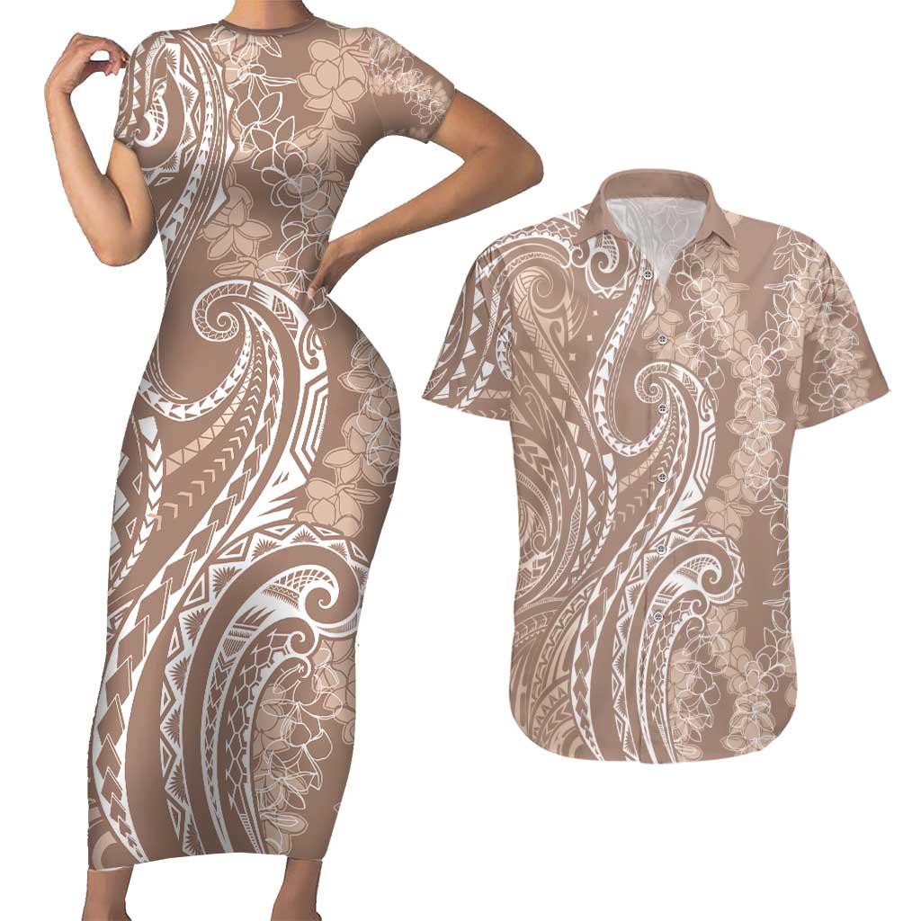 Polynesia Plumeria Lei Couples Matching Short Sleeve Bodycon Dress and Hawaiian Shirt Beige Curves Motif LT7 Beige - Polynesian Pride