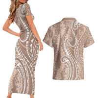Polynesia Plumeria Lei Couples Matching Short Sleeve Bodycon Dress and Hawaiian Shirt Beige Curves Motif LT7 - Polynesian Pride