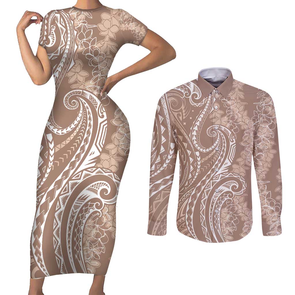 Polynesia Plumeria Lei Couples Matching Short Sleeve Bodycon Dress and Long Sleeve Button Shirt Beige Curves Motif LT7 Beige - Polynesian Pride