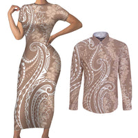 Polynesia Plumeria Lei Couples Matching Short Sleeve Bodycon Dress and Long Sleeve Button Shirt Beige Curves Motif LT7 Beige - Polynesian Pride