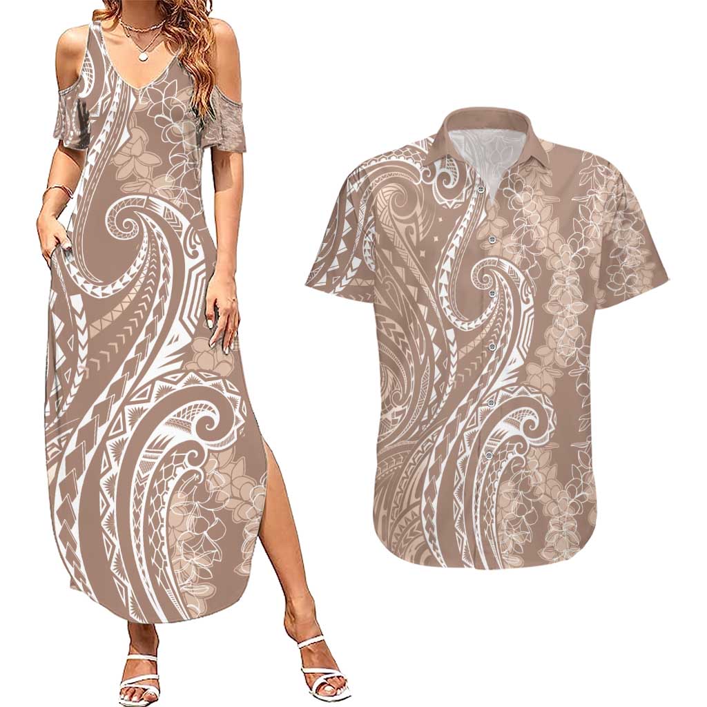Polynesia Plumeria Lei Couples Matching Summer Maxi Dress and Hawaiian Shirt Beige Curves Motif LT7 Beige - Polynesian Pride