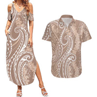 Polynesia Plumeria Lei Couples Matching Summer Maxi Dress and Hawaiian Shirt Beige Curves Motif LT7 Beige - Polynesian Pride