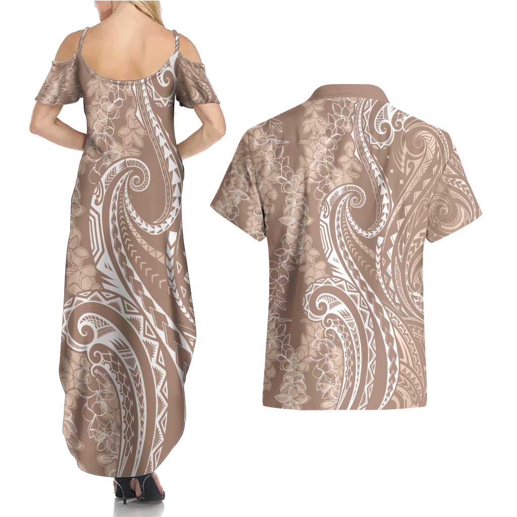 Polynesia Plumeria Lei Couples Matching Summer Maxi Dress and Hawaiian Shirt Beige Curves Motif LT7 - Polynesian Pride