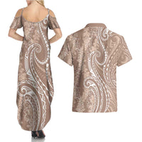 Polynesia Plumeria Lei Couples Matching Summer Maxi Dress and Hawaiian Shirt Beige Curves Motif LT7 - Polynesian Pride