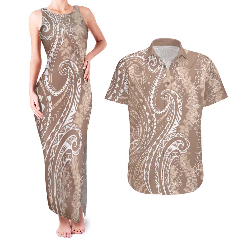 Polynesia Plumeria Lei Couples Matching Tank Maxi Dress and Hawaiian Shirt Beige Curves Motif