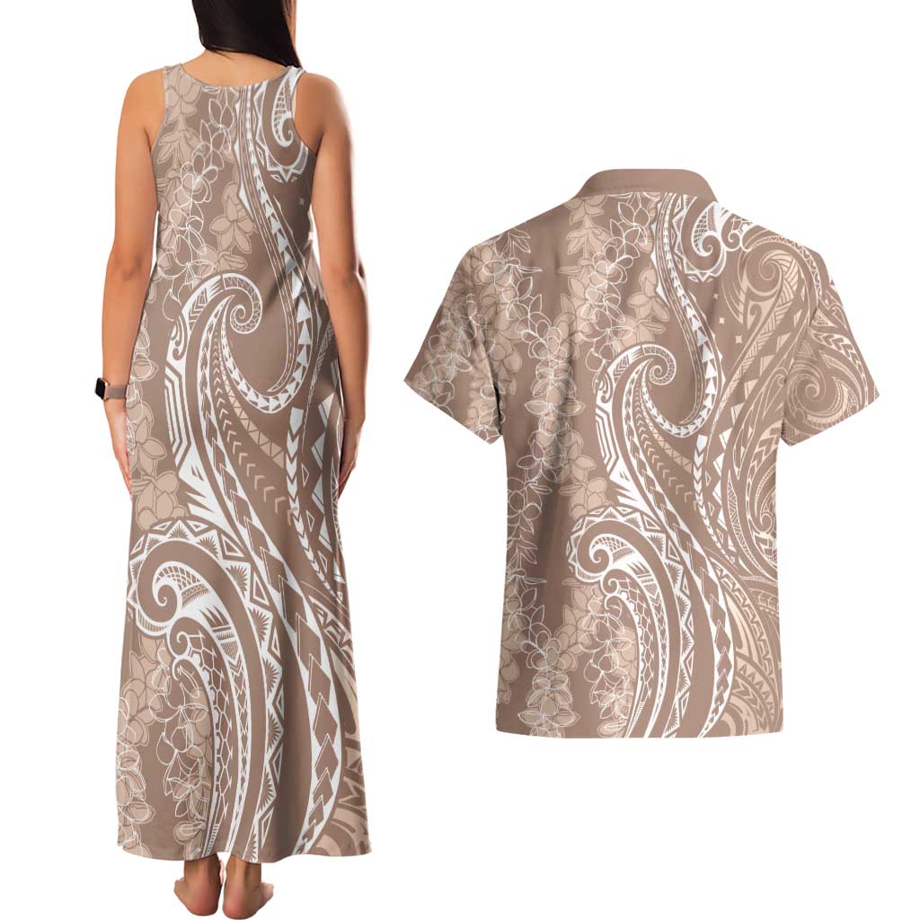 Polynesia Plumeria Lei Couples Matching Tank Maxi Dress and Hawaiian Shirt Beige Curves Motif LT7 - Polynesian Pride
