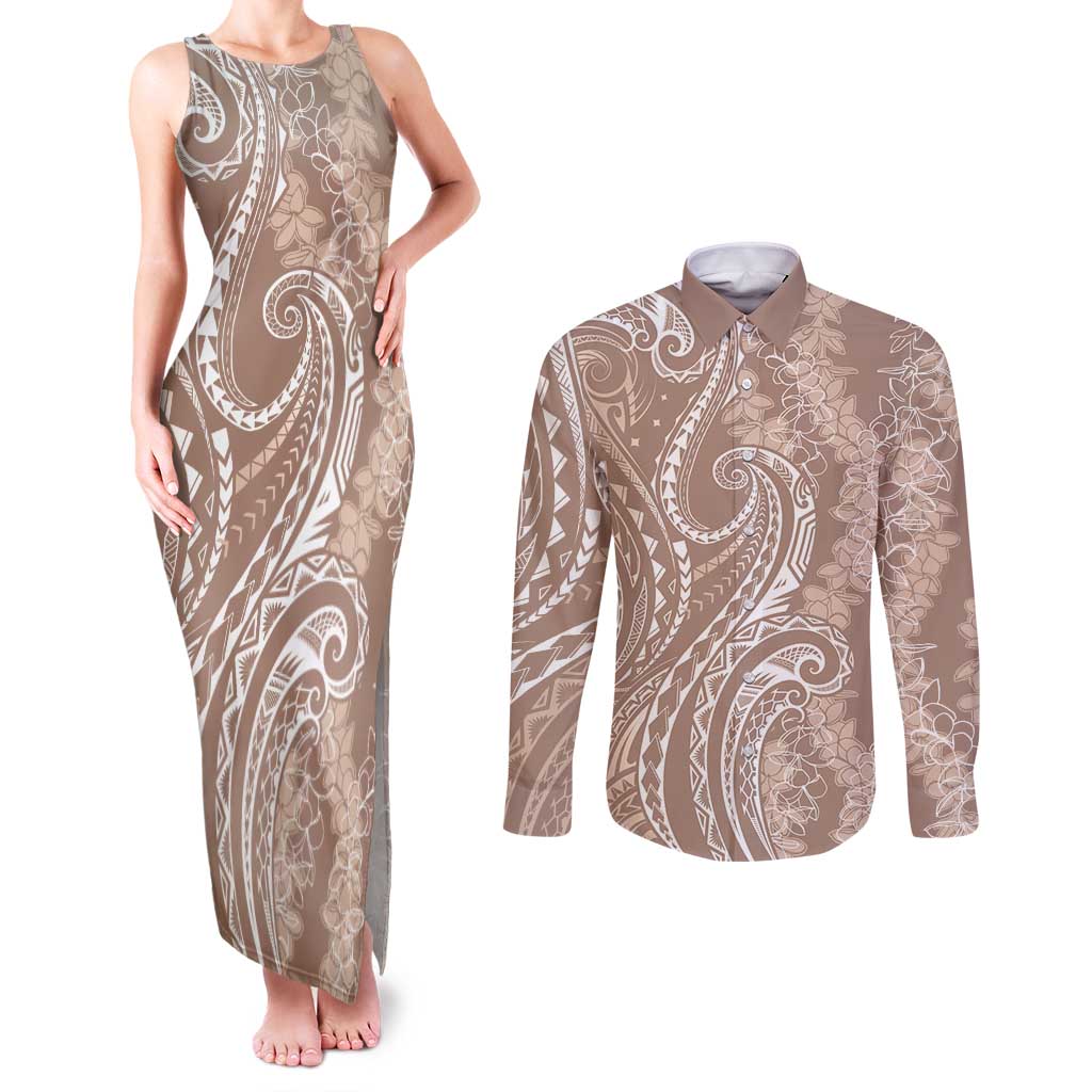 Polynesia Plumeria Lei Couples Matching Tank Maxi Dress and Long Sleeve Button Shirt Beige Curves Motif