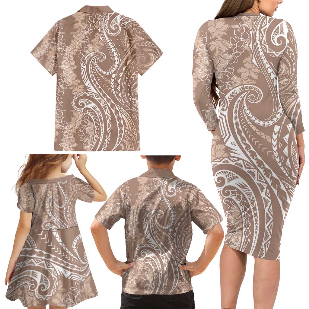 Polynesia Plumeria Lei Family Matching Long Sleeve Bodycon Dress and Hawaiian Shirt Beige Curves Motif LT7 - Polynesian Pride
