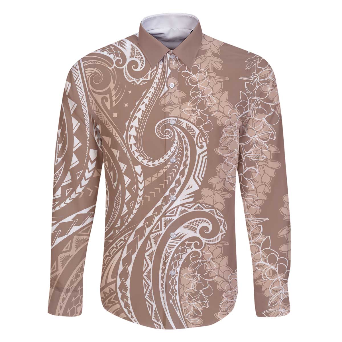 Polynesia Plumeria Lei Family Matching Off The Shoulder Long Sleeve Dress and Hawaiian Shirt Beige Curves Motif LT7 Dad's Shirt - Long Sleeve Beige - Polynesian Pride