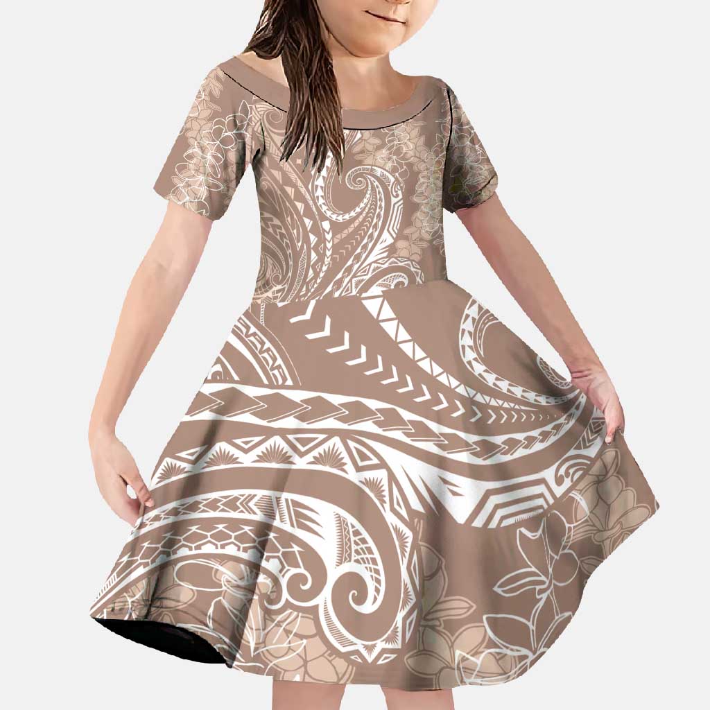 Polynesia Plumeria Lei Family Matching Off Shoulder Maxi Dress and Hawaiian Shirt Beige Curves Motif LT7 Daughter's Dress Beige - Polynesian Pride