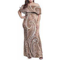 Polynesia Plumeria Lei Family Matching Off Shoulder Maxi Dress and Hawaiian Shirt Beige Curves Motif LT7 Mom's Dress Beige - Polynesian Pride