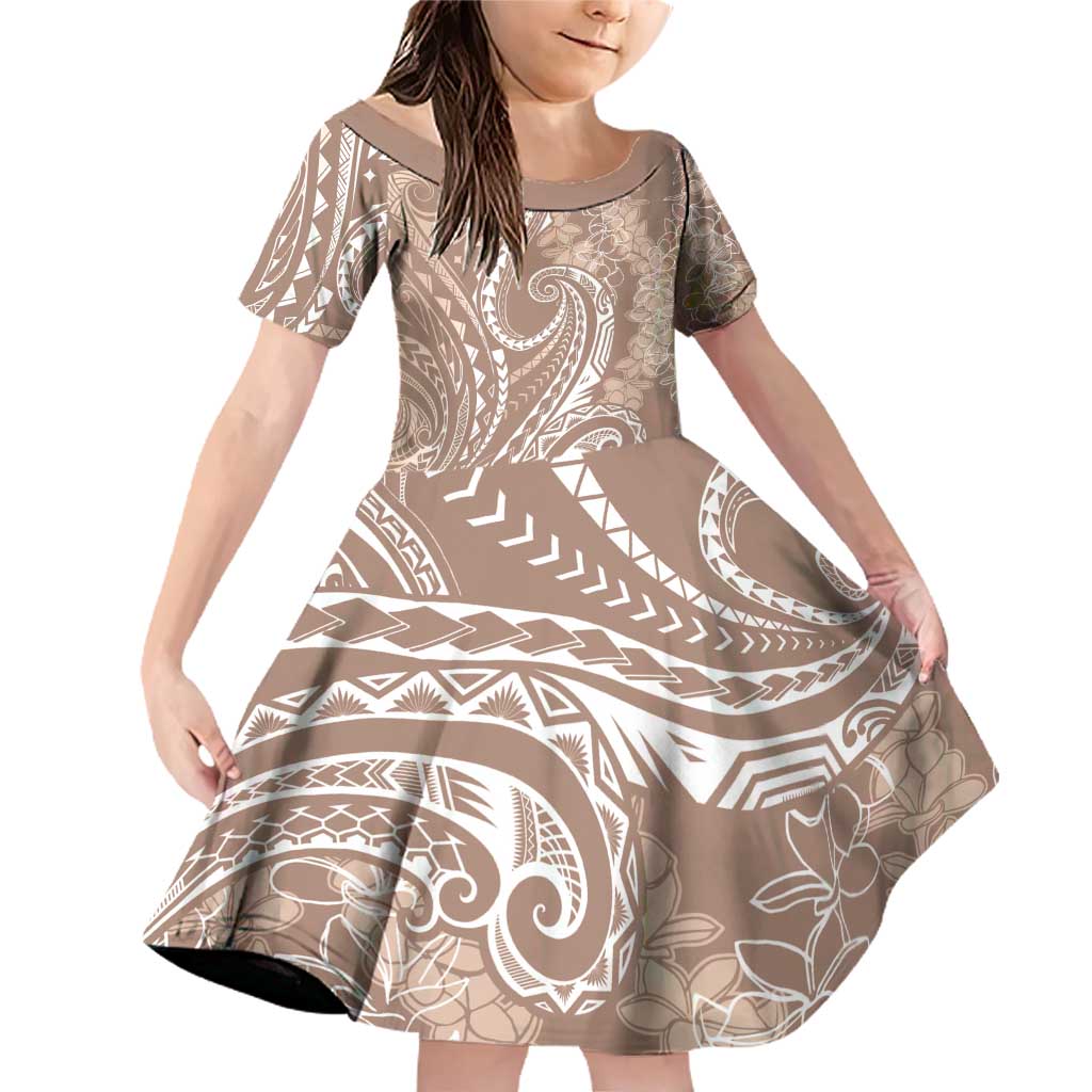 Polynesia Plumeria Lei Family Matching Off Shoulder Short Dress and Hawaiian Shirt Beige Curves Motif LT7 Daughter's Dress Beige - Polynesian Pride