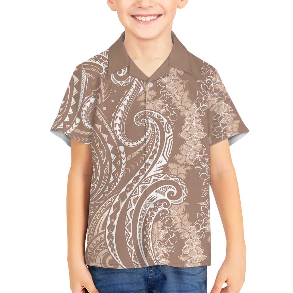 Polynesia Plumeria Lei Family Matching Off Shoulder Short Dress and Hawaiian Shirt Beige Curves Motif LT7 Son's Shirt Beige - Polynesian Pride