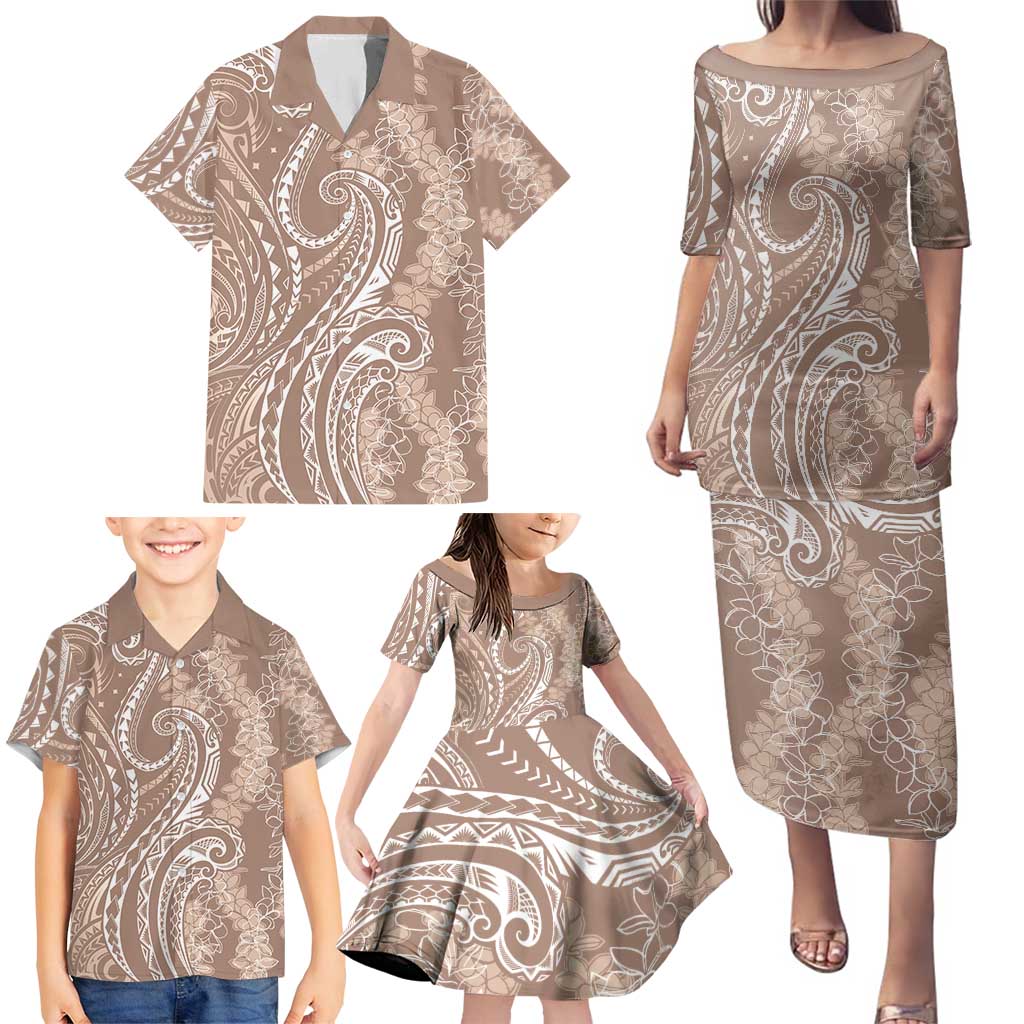 Polynesia Plumeria Lei Family Matching Puletasi and Hawaiian Shirt Beige Curves Motif LT7 - Polynesian Pride