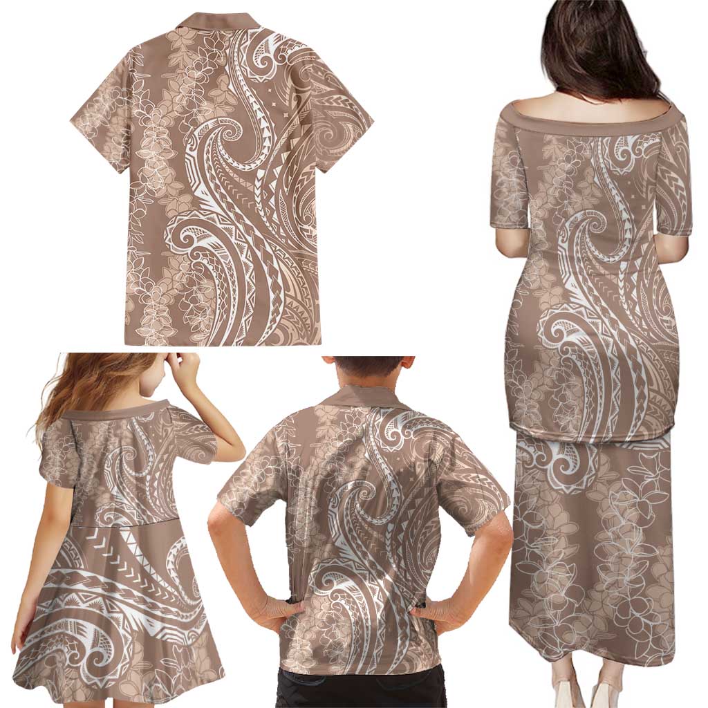 Polynesia Plumeria Lei Family Matching Puletasi and Hawaiian Shirt Beige Curves Motif LT7 - Polynesian Pride