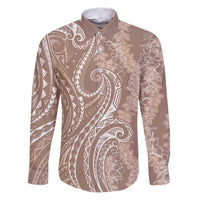 Polynesia Plumeria Lei Family Matching Puletasi and Hawaiian Shirt Beige Curves Motif LT7 Dad's Shirt - Long Sleeve Beige - Polynesian Pride