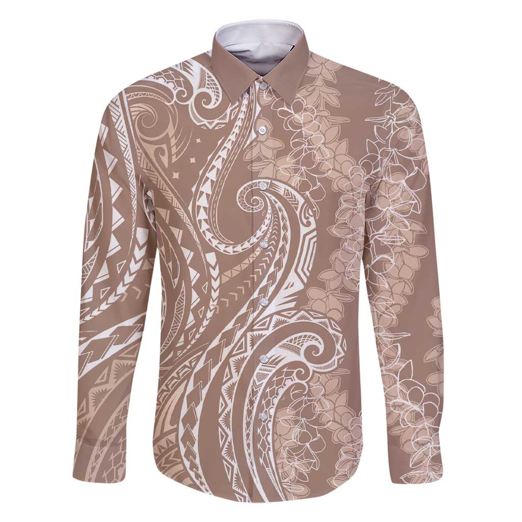 Polynesia Plumeria Lei Family Matching Short Sleeve Bodycon Dress and Hawaiian Shirt Beige Curves Motif LT7 Dad's Shirt - Long Sleeve Beige - Polynesian Pride