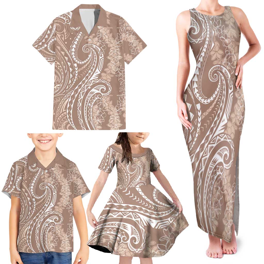 Polynesia Plumeria Lei Family Matching Tank Maxi Dress and Hawaiian Shirt Beige Curves Motif LT7 - Polynesian Pride
