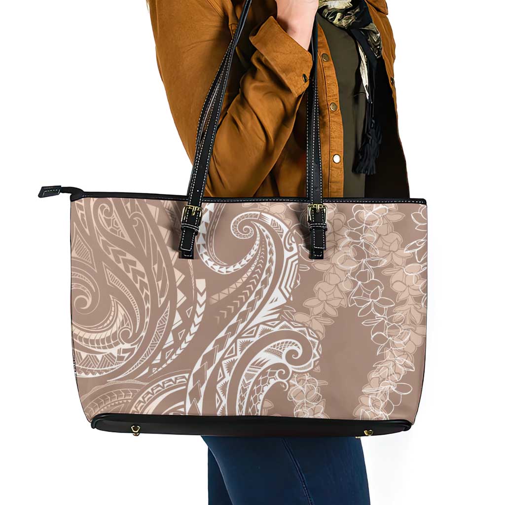 Polynesia Plumeria Lei Leather Tote Bag Beige Curves Motif